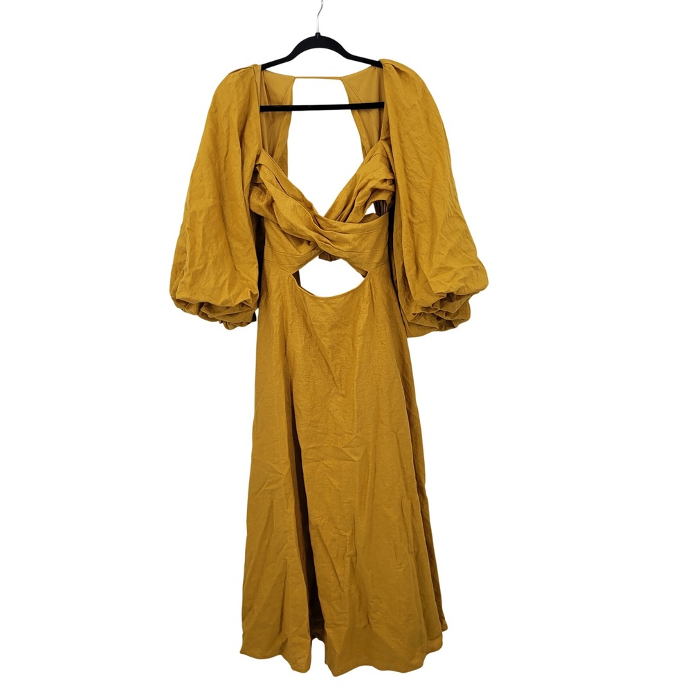 ASOS Mustard Yellow Linen Twist‎ Front Cutout Maxi Dress Balloon Sleeve US 8